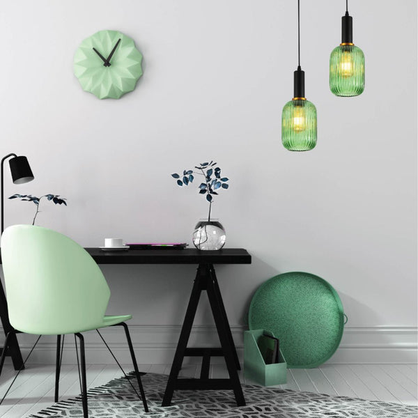 Sawyer Ribbed Fluted Reeded Maloto Lantern Green Glass Pendant Ceiling Light E27 Black Metal Top