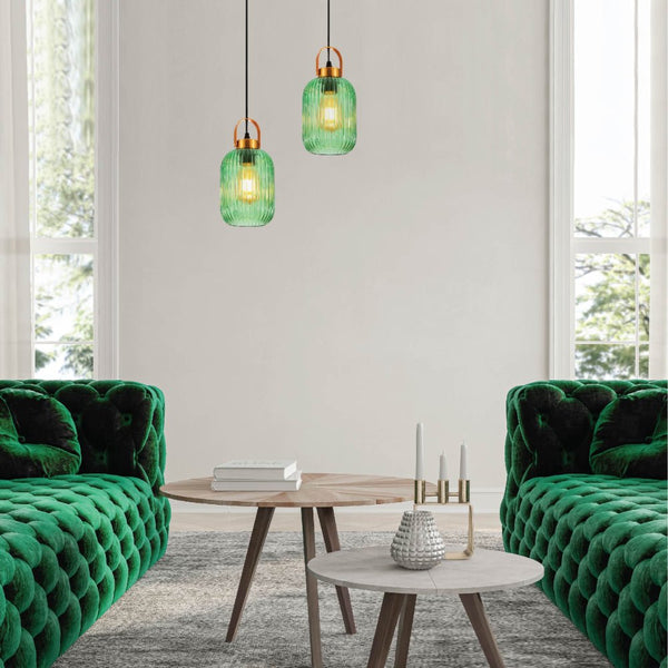 Sawyer Ribbed Fluted Reeded Maloto Lantern Green Glass Pendant Ceiling Light E27 Gold Handled