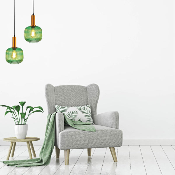 Sawyer Ribbed Fluted Reeded Maloto Lantern Green Opal Purple Amber Glass Pendant Ceiling Light E27 Gold Metal Top