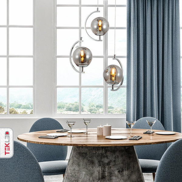 Amber or Smoky Glass Globe Crescent Gold or Chrome Metal Modern Ceiling Pendant Light