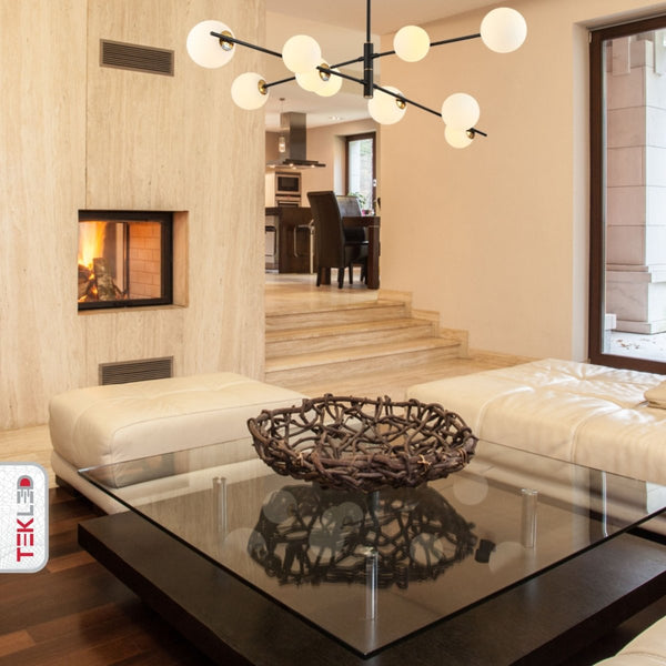 White Globe Glass Black Rod Body Ceiling Light Modern Sputnik Tiered Nordic Kitchen Island Chandelier 10xG9 Fitting