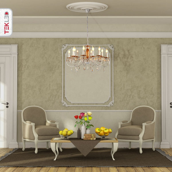 Amber Crystal Gold and White Metal Arm Ceiling Chandelier Light E14
