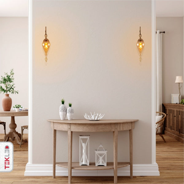 Amber Glass Antique Bronze Metal Body Moroccan Style Wall Light E27 Fitting