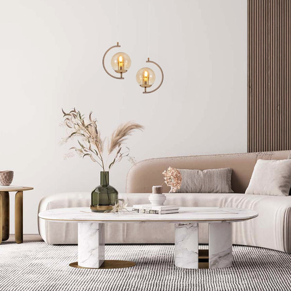 Amber or Smoky Glass Globe Crescent Gold or Chrome Metal Modern Ceiling Pendant Light