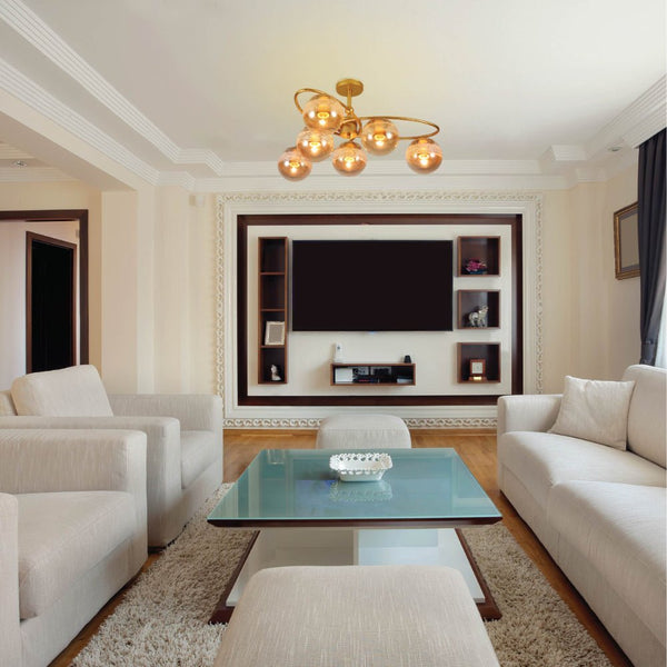 Amber Globe Glass Gold Ellipse Metal Body Semi Flush Modern Ceiling Light with E27 Fittings