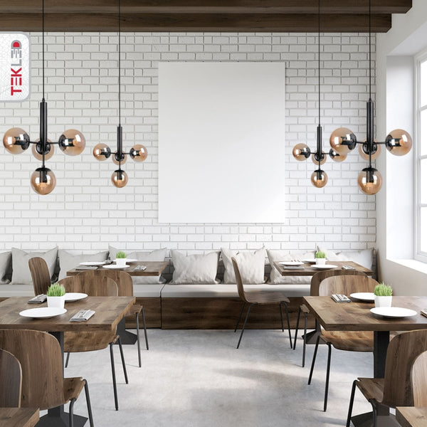 Atom Model Globe Glass Black Metal Body Chandelier Ceiling Pendant Light E27