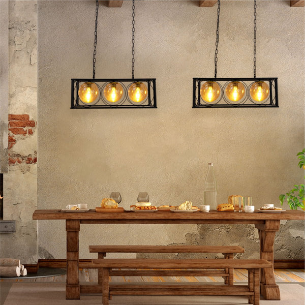 Black Cuboid Metal Amber Globe Glass Island Chandelier Ceiling Light 3xE27