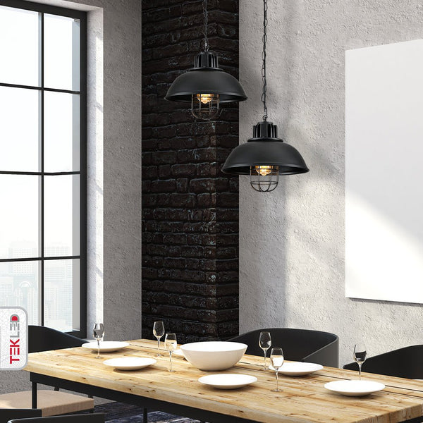 Black Dome Caged Industrial Metal Ceiling Pendant Light E27 Fitting