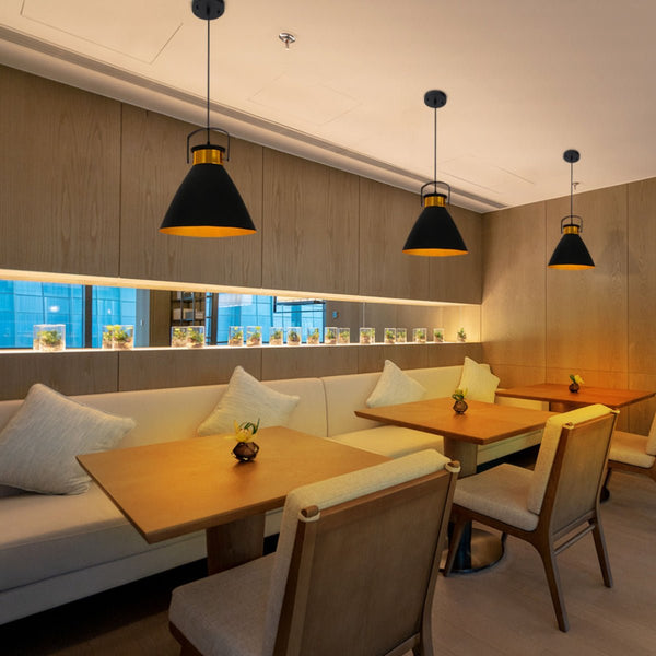 Loft Cafe Bar Counter Exhibition Hall Pub Aisle Black Gold Funnel Handled Metal Pendant Ceiling Light