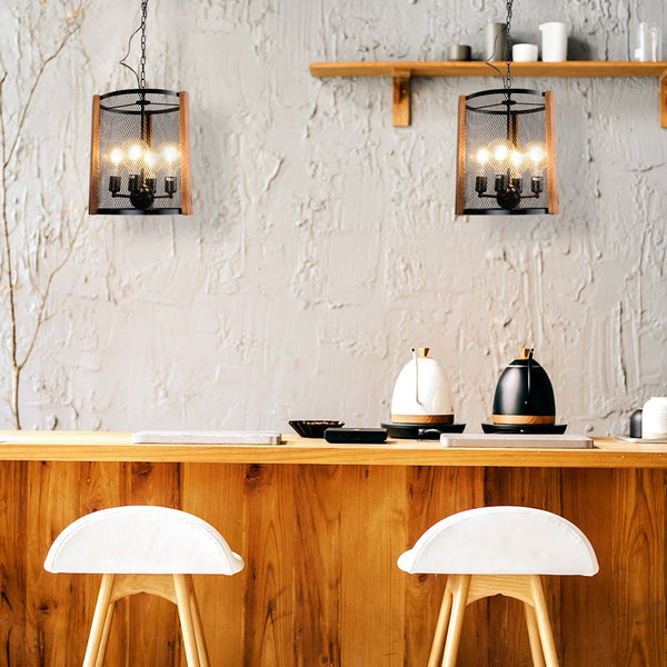 Black Metal Wood Cylinder Cage Pendant Ceiling Light E27