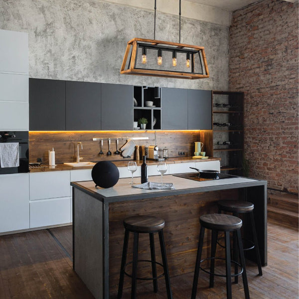 Black Metal Old Wood Cuboid Island Chandelier Ceiling Light 4xE27