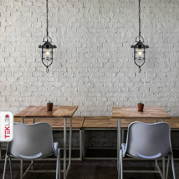 Black Nautical Industrial Caged Flat Shade Small Glass Metal Ceiling Pendant Light E27 Fitting