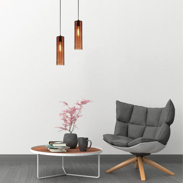 Brown-Silver-Amber Reeded Cylinder Glass Pendant Light E27 Fitting