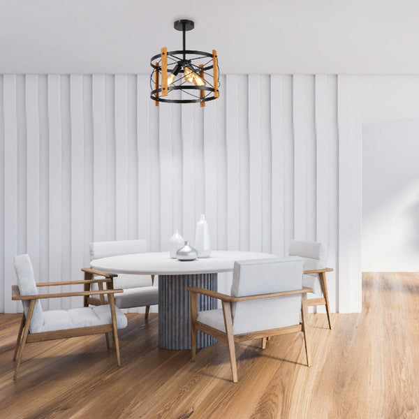 Caged Candle Industrial Retro Round Pendant Ceiling Light 3xE27 Wood Black Finishing