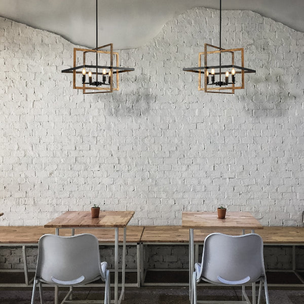 Caged Cuboid Rectangle Candle Lantern Nautical Pendant Ceiling Light 4xE14 Gold Black Finishing