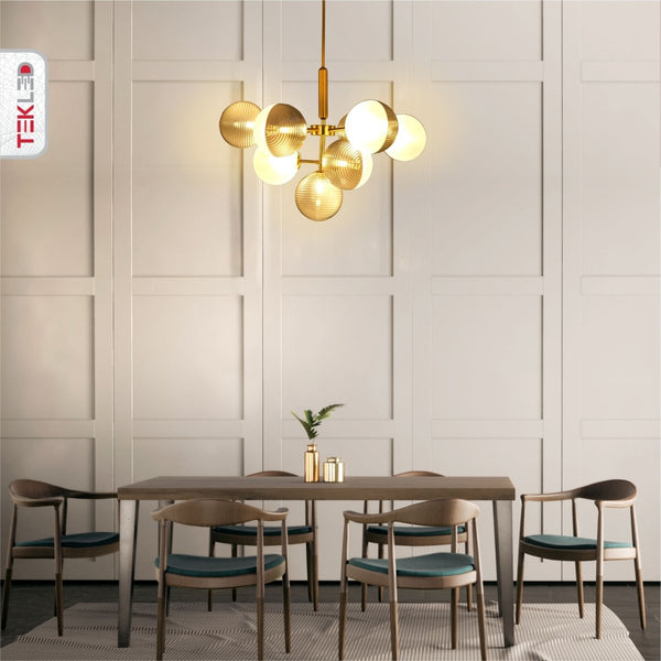 Chandelier Ceiling Light Pyramid Smoky Glass Gold Body 10xG9