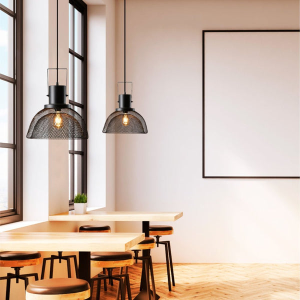 Industrial Double Mesh Caged Handled Dome Black Metal Pendant Ceiling Light E27