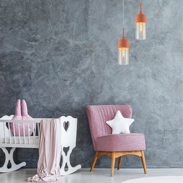 Macaron Salmon Pink-Olive Green-Mustard Yellow Cylinder Glass Pendant Ceiling Light E27 Fitting
