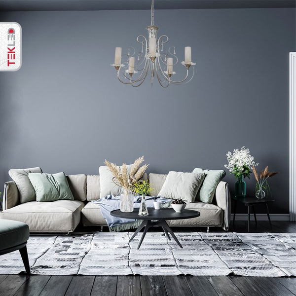 Opal Cylinder Glass Chrome Candle Metal Arm Ceiling Chandelier Light E14