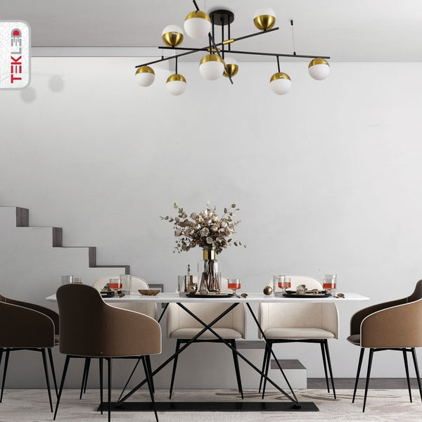 Opal Globe Glass Gold Black Metal Body Modern Nordic Chandelier Ceiling Light 9xG9s