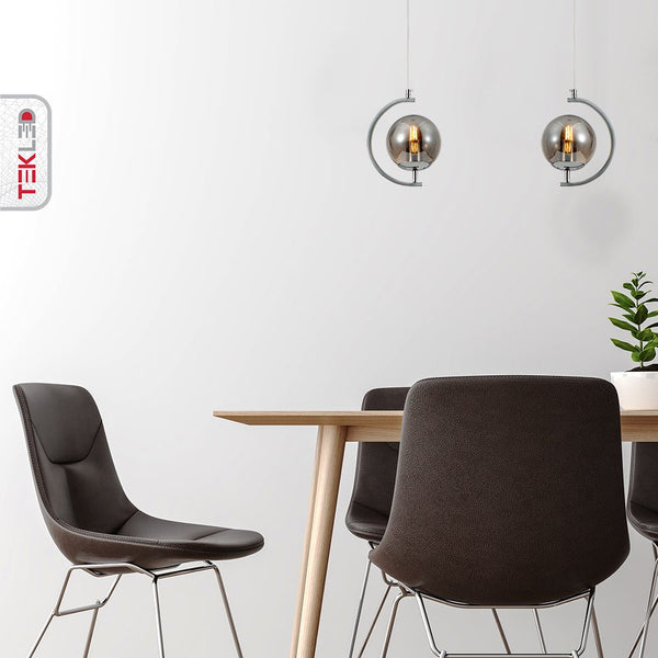 Amber or Smoky Glass Globe Crescent Gold or Chrome Metal Modern Ceiling Pendant Light