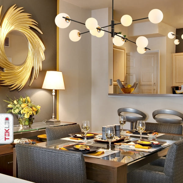 White Globe Glass Black Rod Body Ceiling Light Modern Sputnik Tiered Nordic Kitchen Island Chandelier 10xG9 Fitting