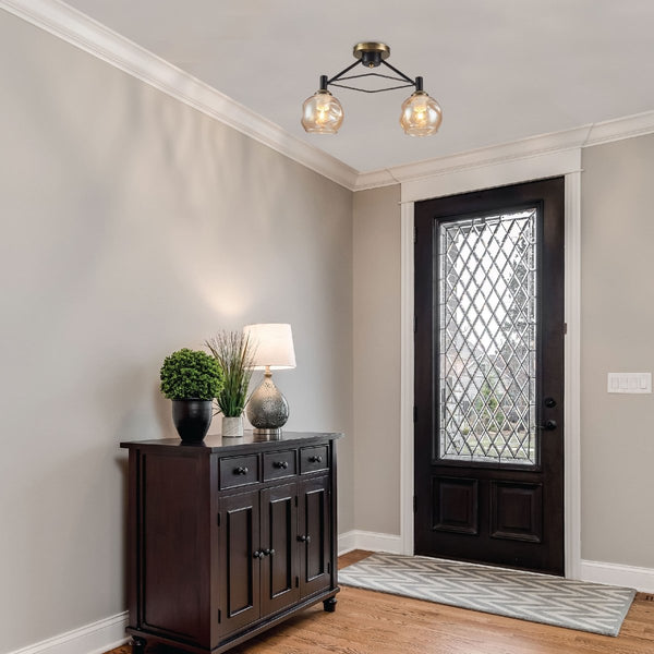 Amber Bell Glass Black Metal Semi Flush Ceiling Light