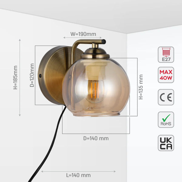L-Shape Antique Brass Dome Glass Plug-In Wall Light