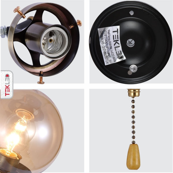 Amber Glass Antique Brass and Black Globe Wall Light E27 Fitting and Pull Down Switch