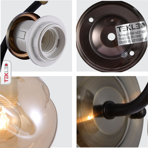 Amber Glass Black and Antique Brass Wall Light E27 Fitting and Pull Down Switch