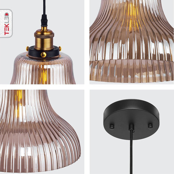 Amber Glass Cone Funnel Reeded Fluted Striped Pendant Ceiling Light E27