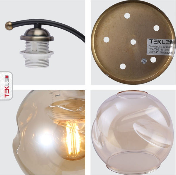 Amber Glass Dome Black and Antique Brass Metal Semi Flush Ceiling Light E27
