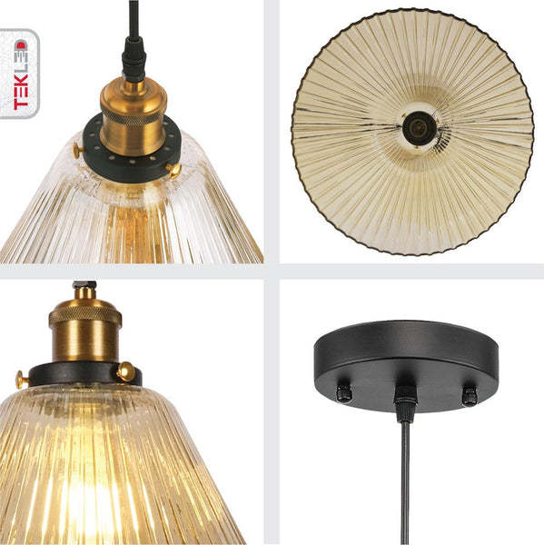 Amber Glass Cone Funnel Reeded Fluted Striped Pendant Ceiling Light E27