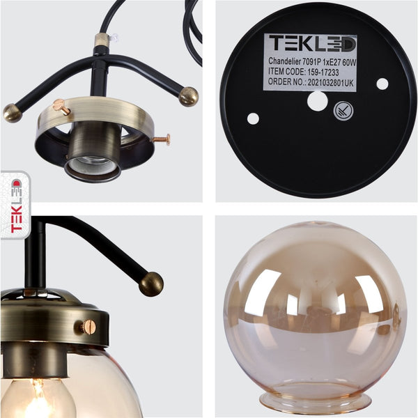 Amber Glass Globe Black and Antique Brass Pendant Ceiling Light E27