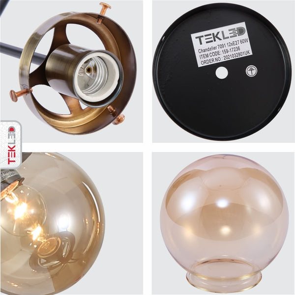 Amber Glass Globe Black and Antique Brass Semi Flush Ceiling Light E27