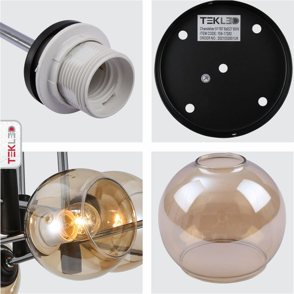 Amber Glass Globe Chrome and Black Metal Semi Flush Ceiling Light E27