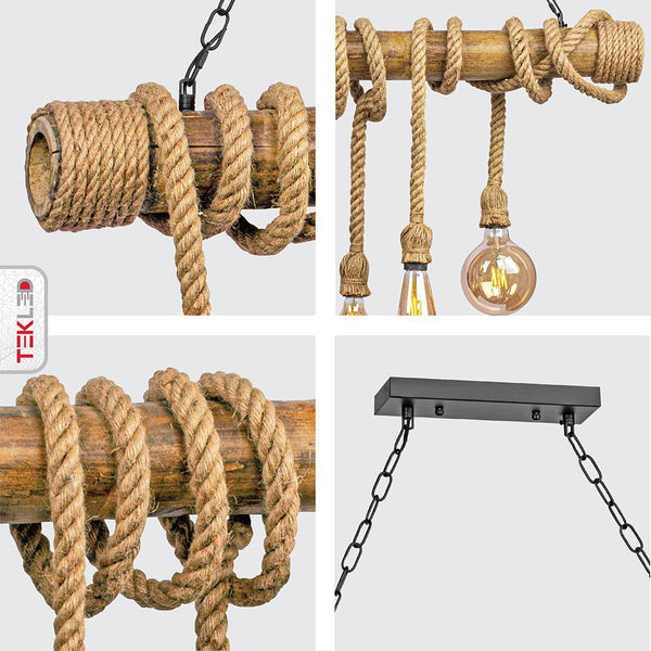 Farmhouse Rustic Bamboo and Hemp Rope Rod Ceiling Chandelier Light 6xE27