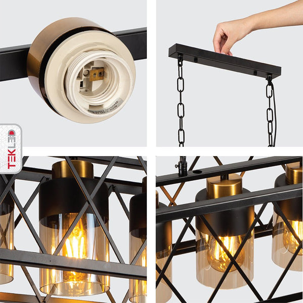 Black Cuboid Metal Amber Cylinder Glass Island Chandelier Ceiling Light 4xE27