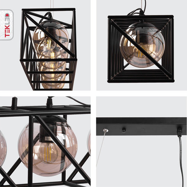 Black Cuboid Metal Amber Globe Glass Island Chandelier Ceiling Light 5xE27