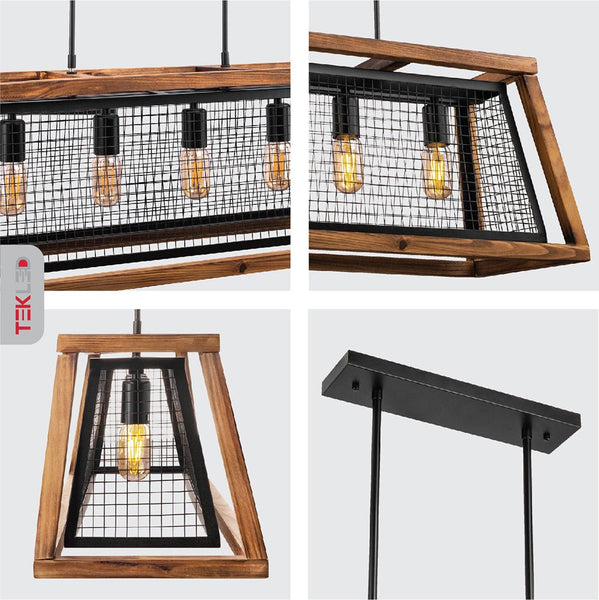Black Metal Old Wood Cuboid Island Chandelier Ceiling Light 4xE27