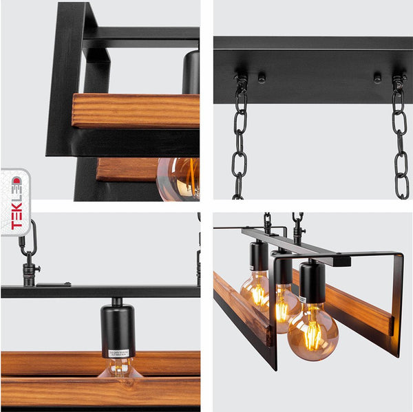 Black Metal Wood Cuboid Island Chandelier Ceiling Light E27