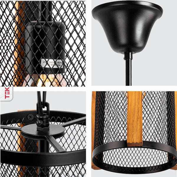 Black Metal Wood Cylinder Cage Pendant Ceiling Light E27