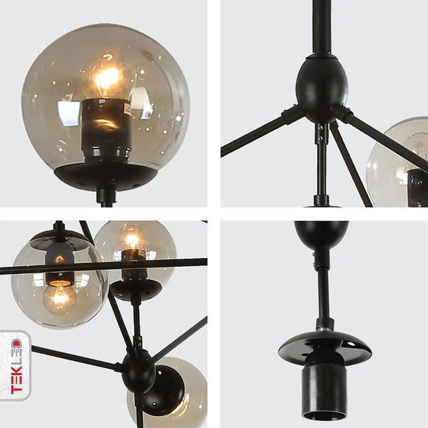 Molecule Shape Black Rod Metal Amber Glass Globe Chandelier Ceiling Light