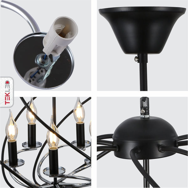 TEKLED
Black Spiral Metal Chrome Arm Chandelier Ceiling Light E14 - 3 Lamp or 5 lamp D475 mm or D600mm.