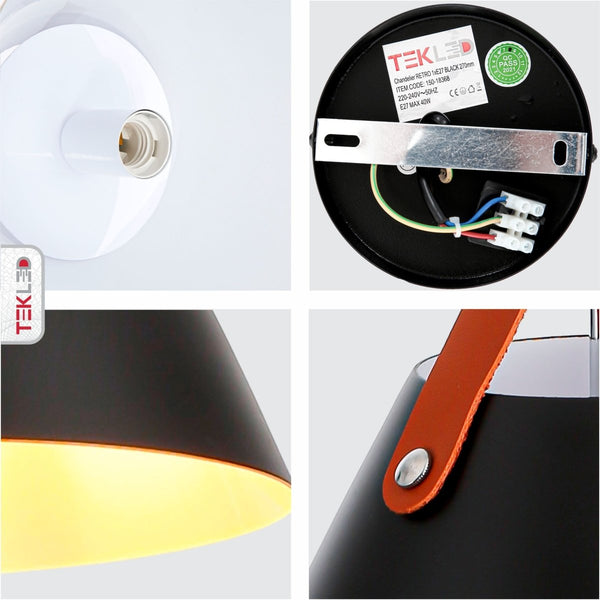 Cosme Nordic Black Metal Funnel Pendant Ceiling Light with Leather Handle