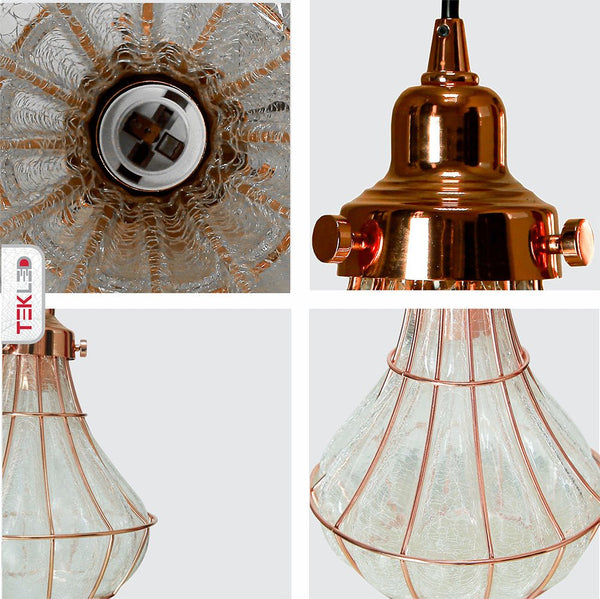 Caged Copper Metal Clear Glass India Dome Schoolhouse Bell Pendant Ceiling Light E27
