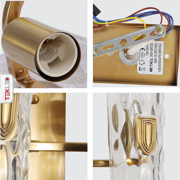 Brushed Brass Metal Clear Textured Glass Wall Light E14 Fitting