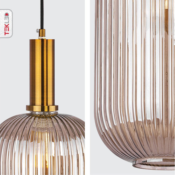 Sawyer Ribbed Fluted Reeded Maloto Lantern Amber Glass Pendant Ceiling Light E27 Gold Bronze Top