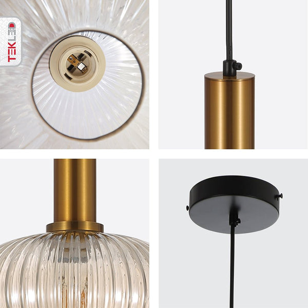 Sawyer Ribbed Fluted Reeded Maloto Lantern Amber Glass Pendant Ceiling Light E27 Gold Bronze Top