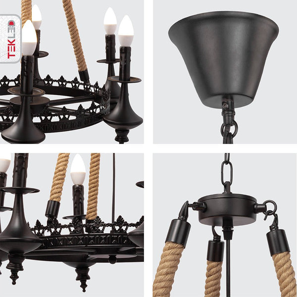 Farmhouse Rustic Matte Black Metal Hemp Rope Wagon Wheel Ceiling Chandelier Light